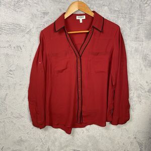 Express Portofino Top Red Black Trim Long Sleeve Button Down size Large Roll Tab